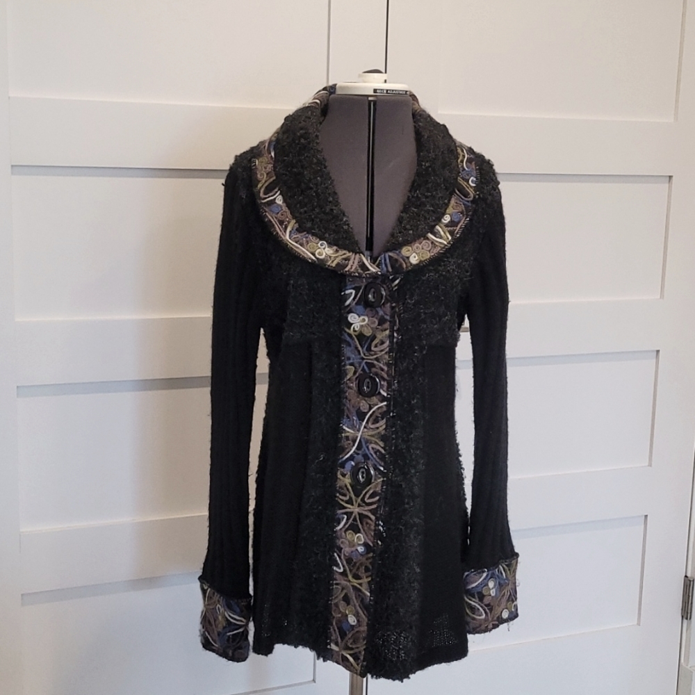 Sioni Long Cardigan Jacket, Black with multi-colored Embroidery, sz. L